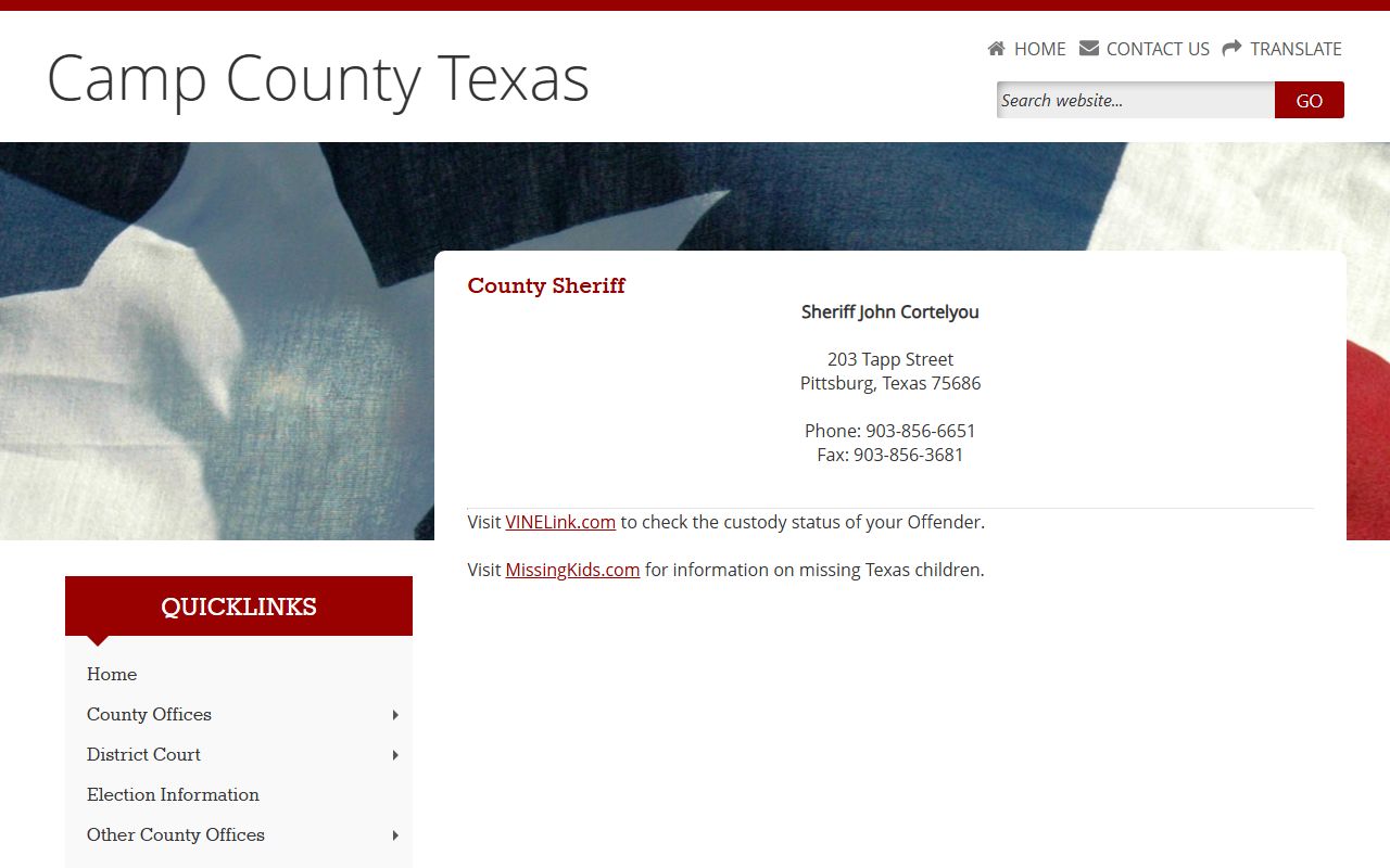 Camp County inmate records source on the official sheriff page with VINELink custody status
